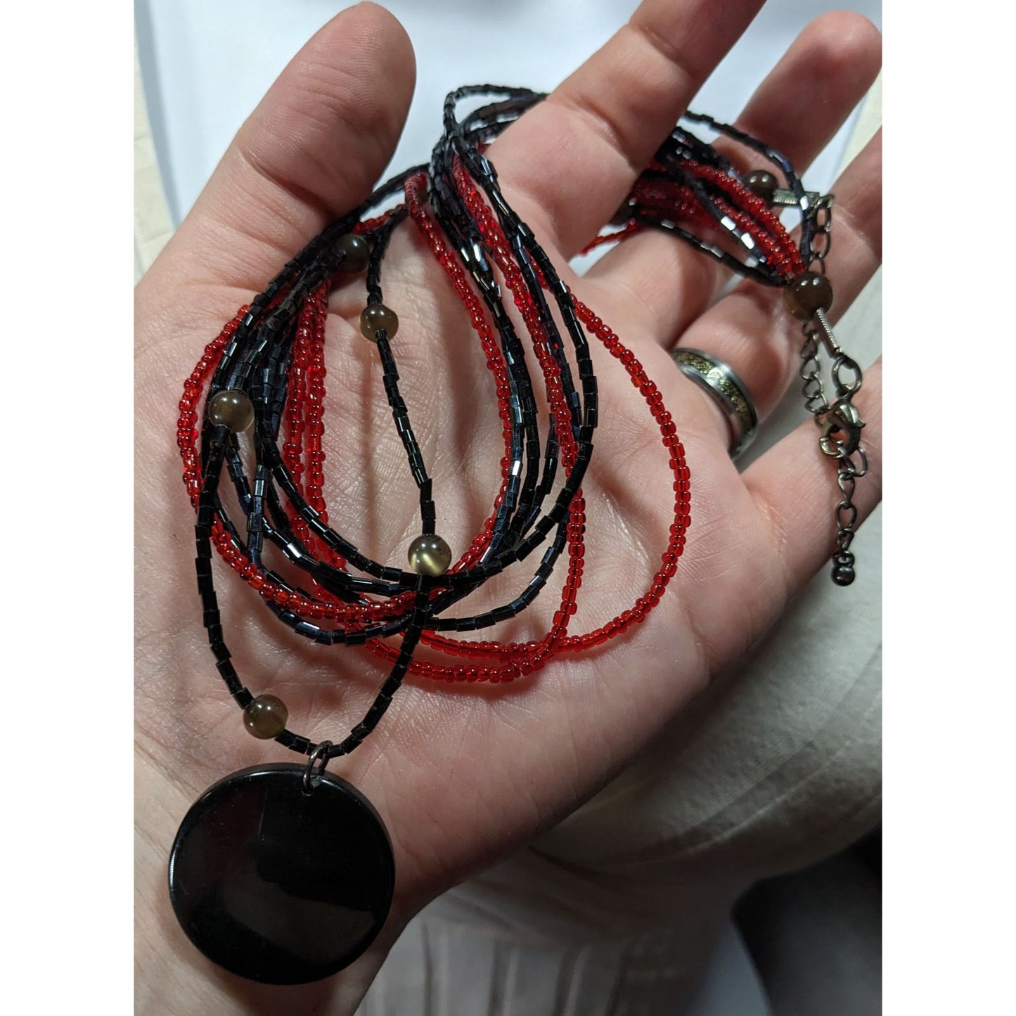 Gothic Black And Red Layered Glass Beaded Necklace