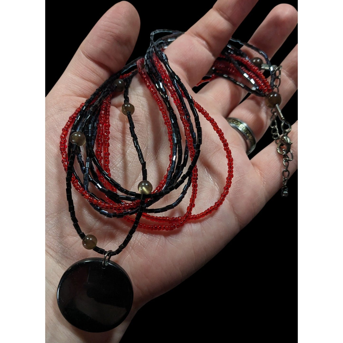 Gothic Black And Red Layered Glass Beaded Necklace