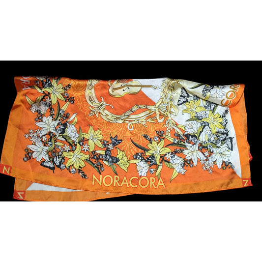 Vintage Noracora Orange Butterfly Musical Instrument Silk Scarf