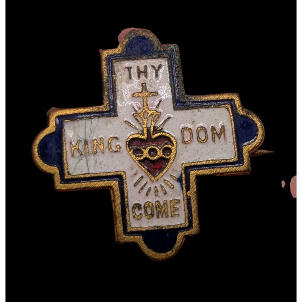 Vintage Thy Kingdom Come Sacred Heart Cross Enamel Religious Lapel Pin Brooch