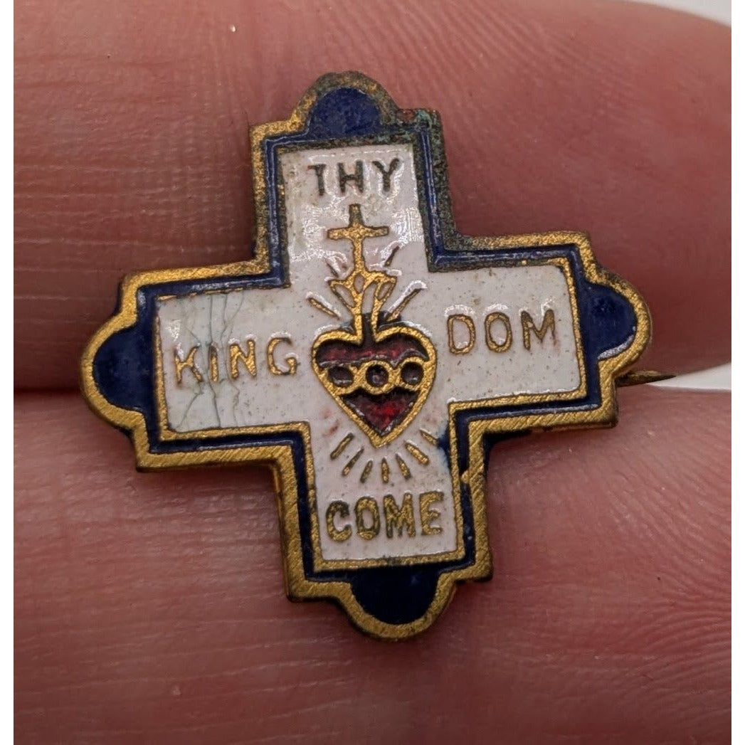 Vintage Thy Kingdom Come Sacred Heart Cross Enamel Religious Lapel Pin Brooch