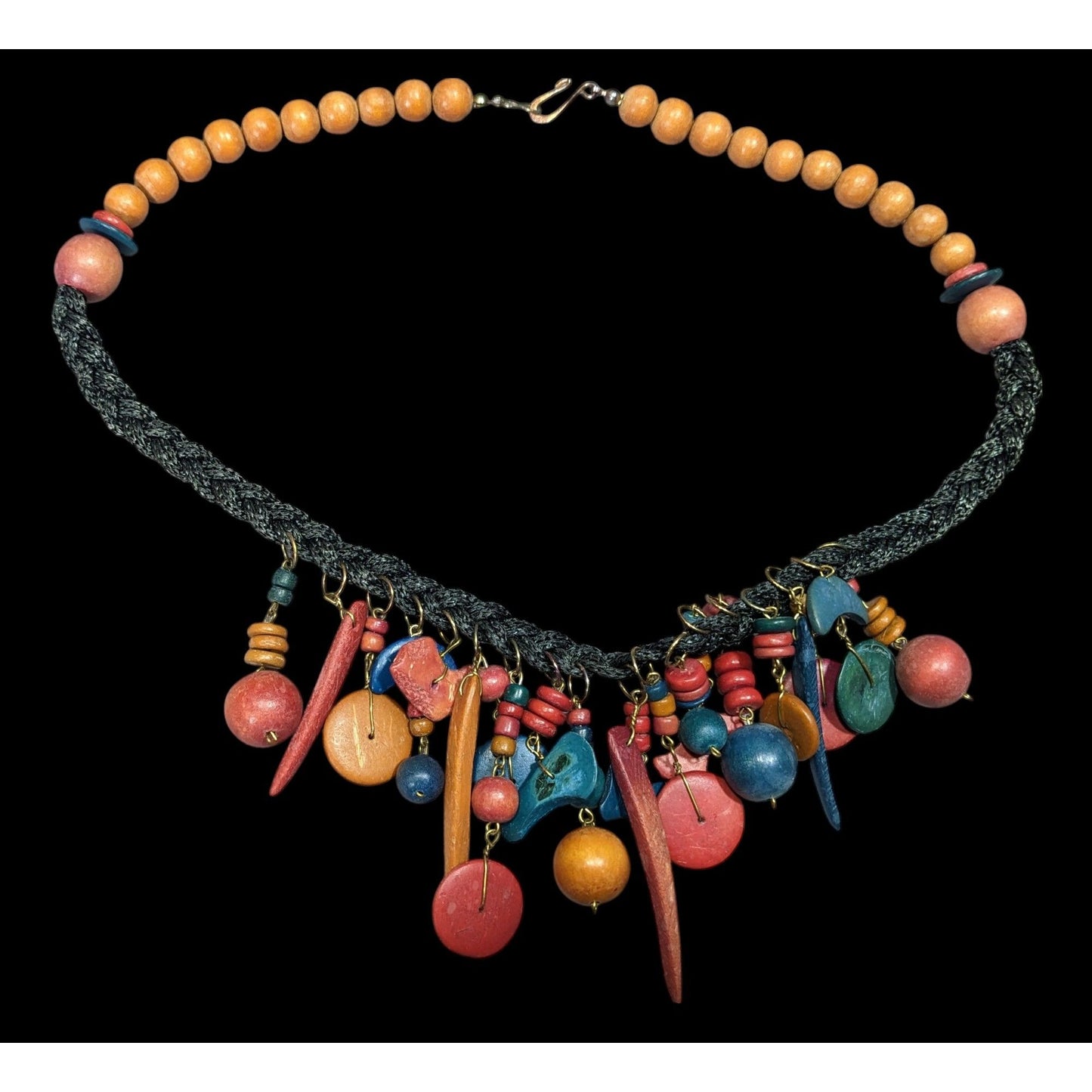 Vintage Rainbow Hand Carved Wood Fringe Necklace