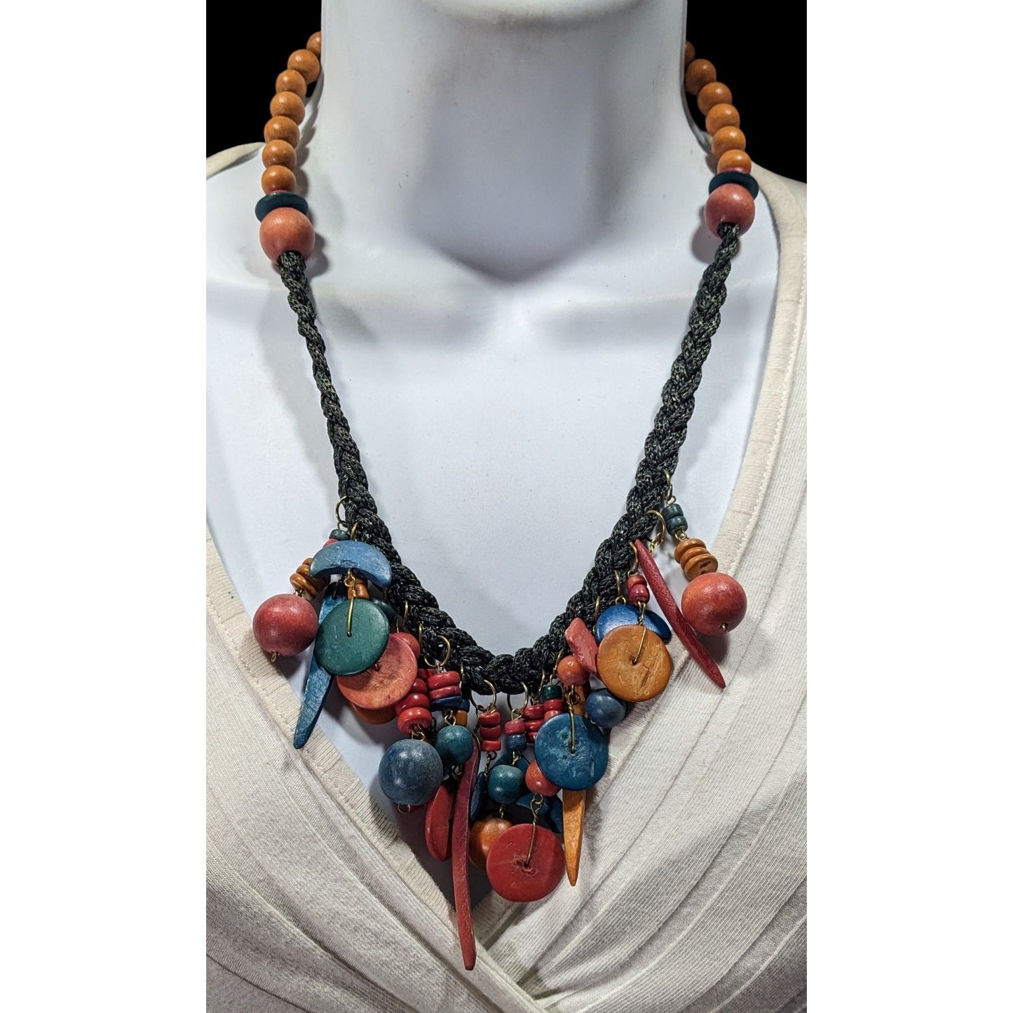 Vintage Rainbow Hand Carved Wood Fringe Necklace