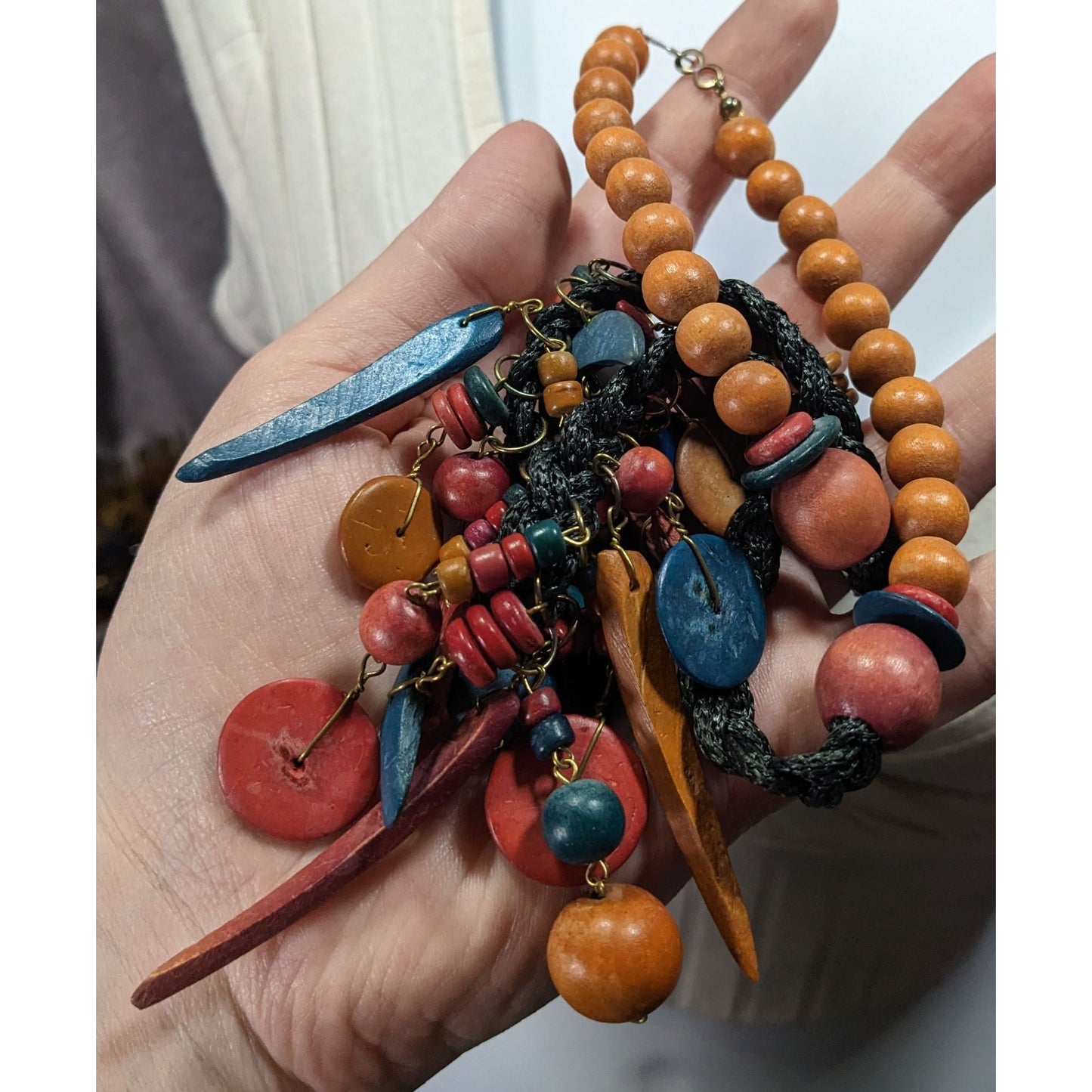 Vintage Rainbow Hand Carved Wood Fringe Necklace