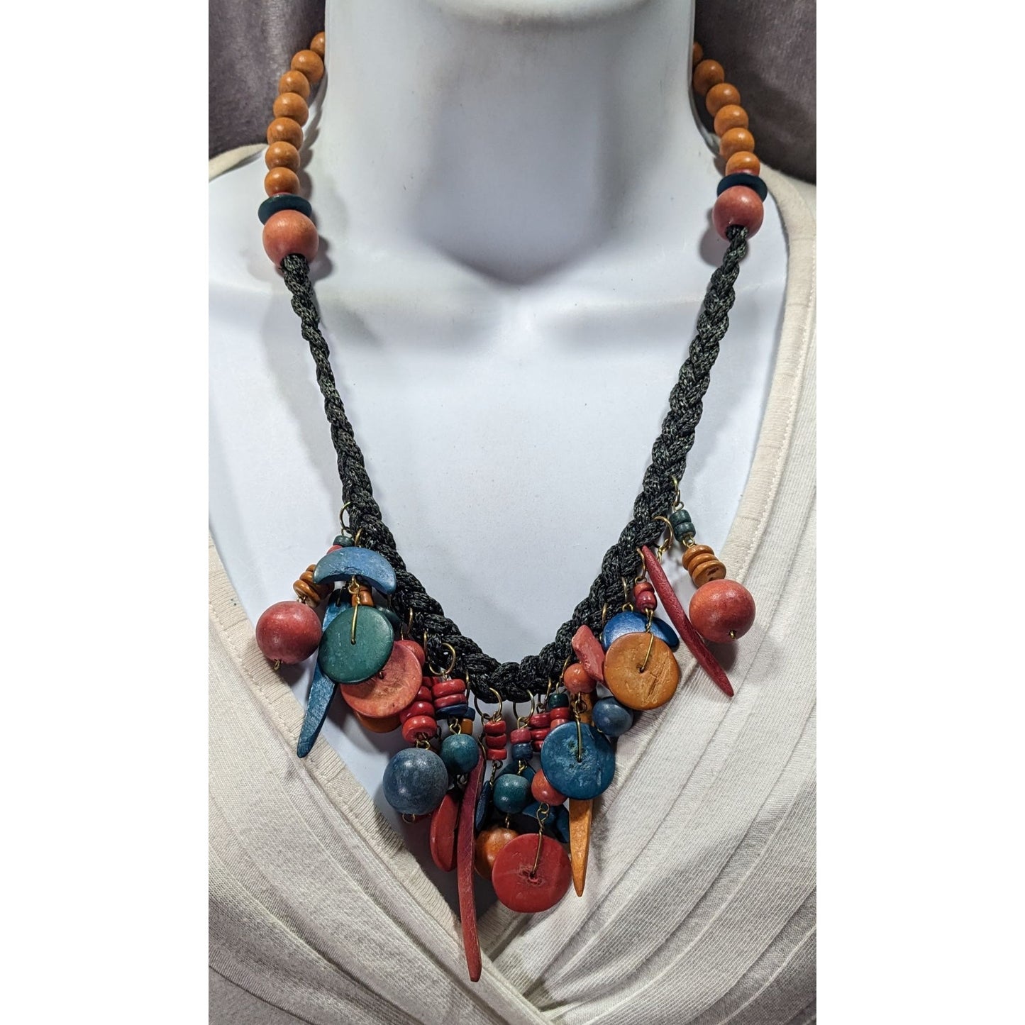 Vintage Rainbow Hand Carved Wood Fringe Necklace