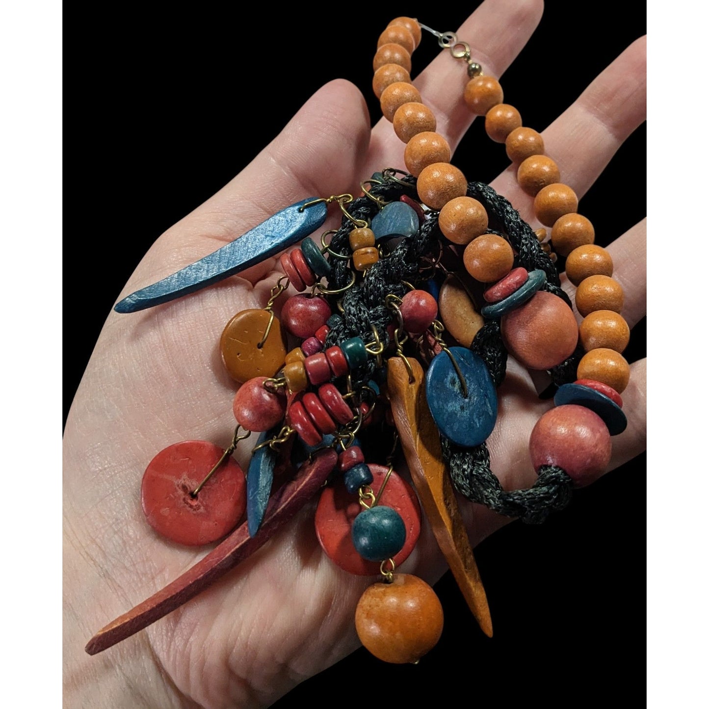 Vintage Rainbow Hand Carved Wood Fringe Necklace