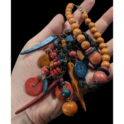 Vintage Rainbow Hand Carved Wood Fringe Necklace