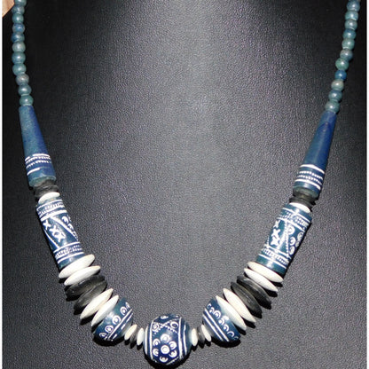 Vintage Blue And White Floral Carved Beaded Necklace