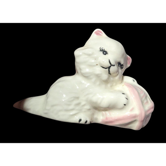 Vintage White Cat With Pink Yarn Ceramic Figurine