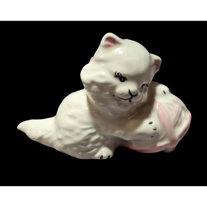 Vintage White Cat With Pink Yarn Ceramic Figurine