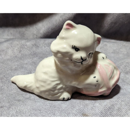 Vintage White Cat With Pink Yarn Ceramic Figurine