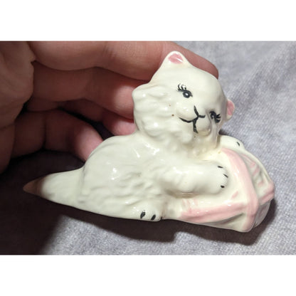 Vintage White Cat With Pink Yarn Ceramic Figurine