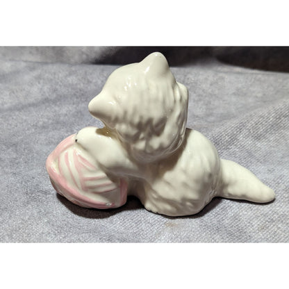 Vintage White Cat With Pink Yarn Ceramic Figurine