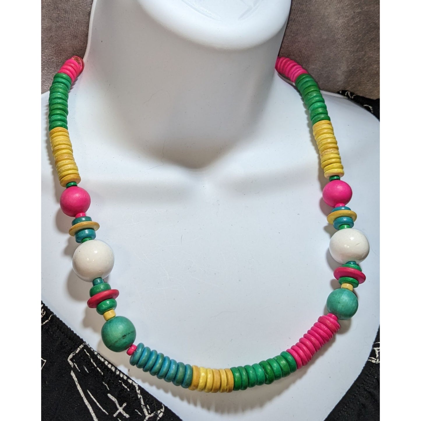 Vintage Rainbow Wood Beaded Necklace
