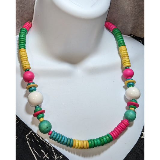 Vintage Rainbow Wood Beaded Necklace