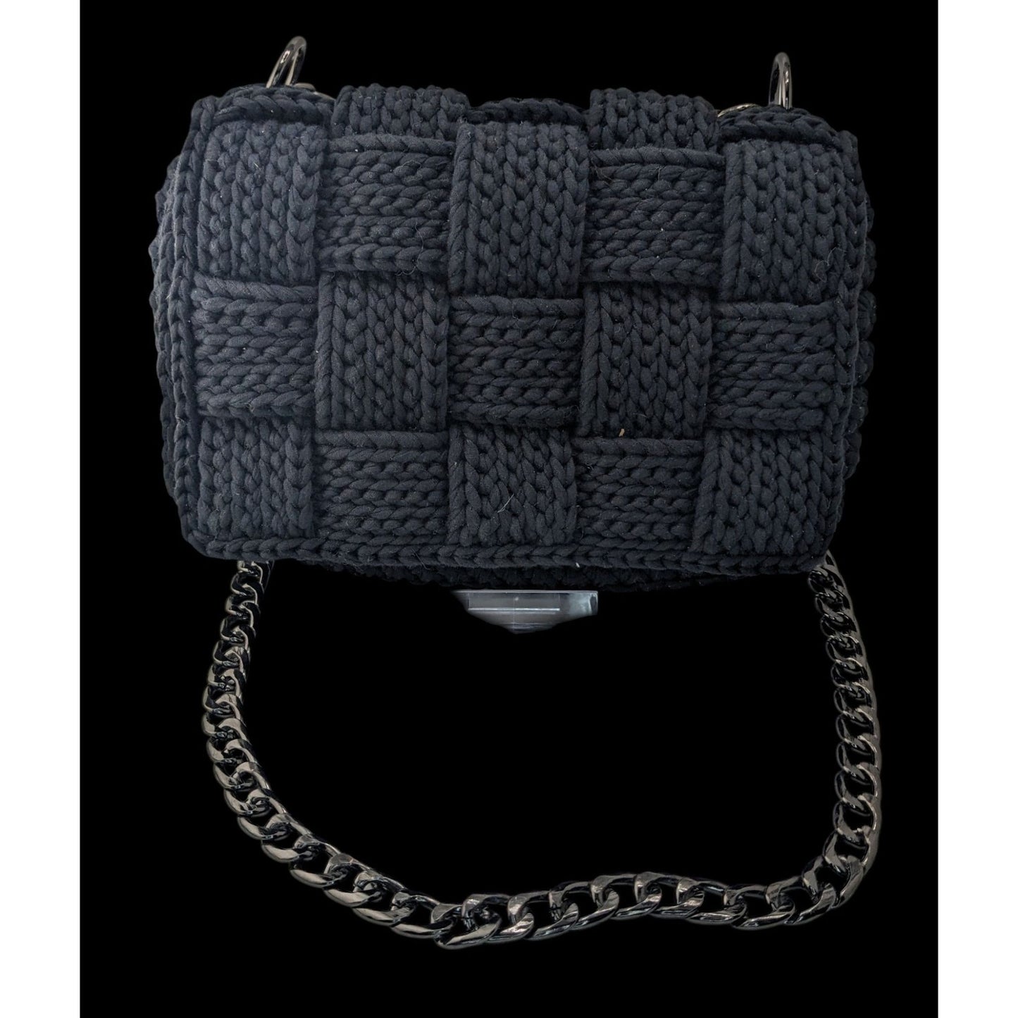 Handmade Black Knit Woven Shoulder Bag With Chain Strap & Magnetic Closure