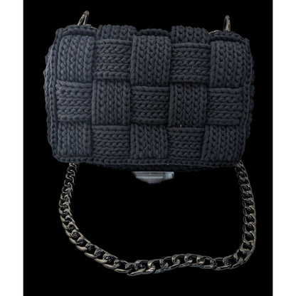 Handmade Black Knit Woven Shoulder Bag With Chain Strap & Magnetic Closure