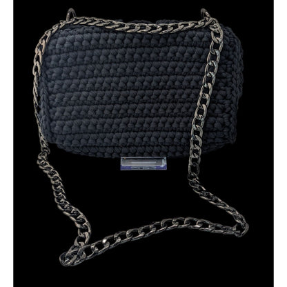 Handmade Black Knit Woven Shoulder Bag With Chain Strap & Magnetic Closure
