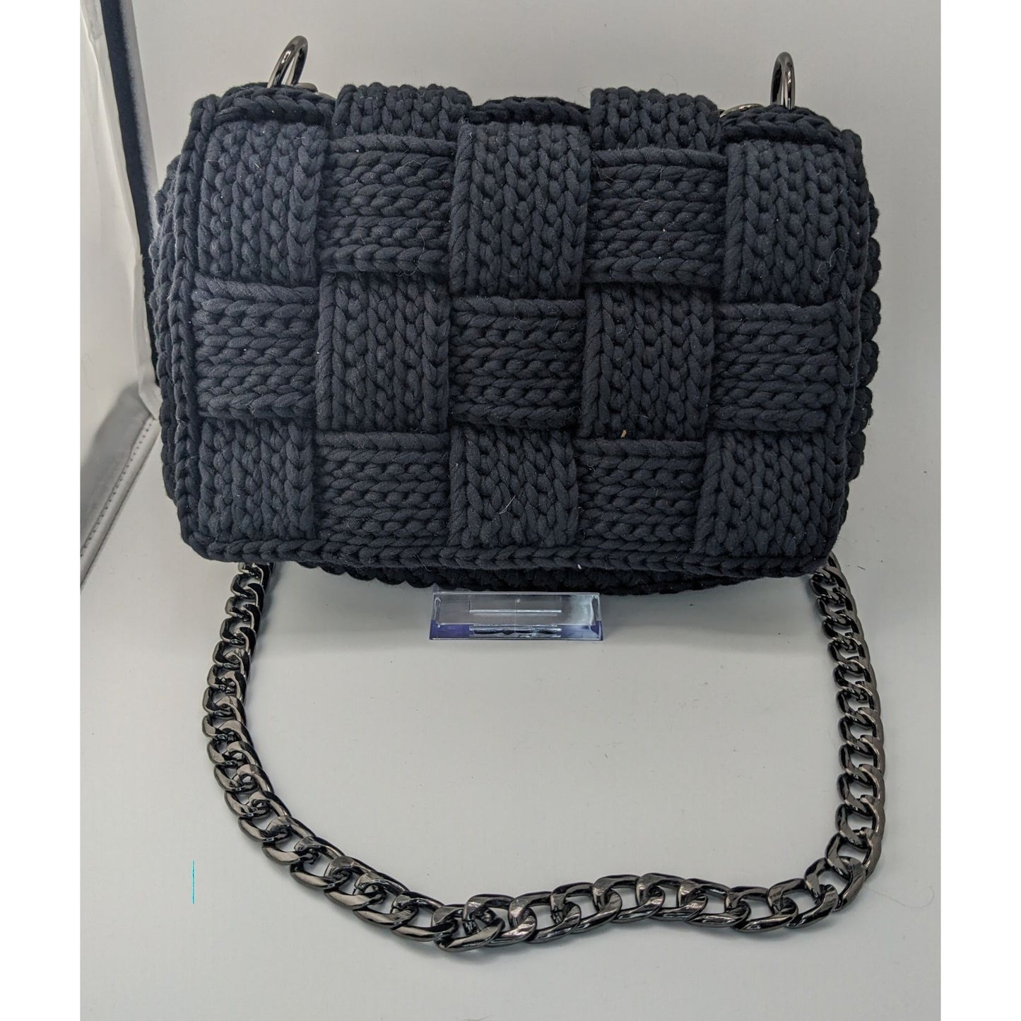 Handmade Black Knit Woven Shoulder Bag With Chain Strap & Magnetic Closure