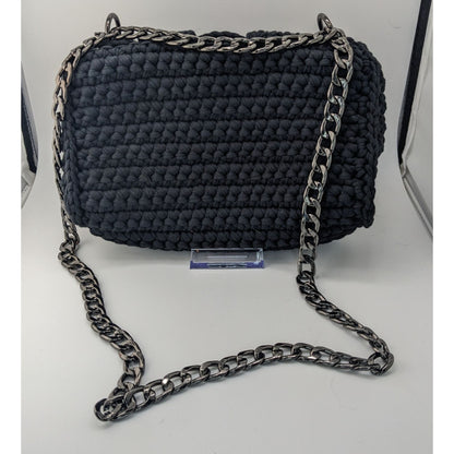 Handmade Black Knit Woven Shoulder Bag With Chain Strap & Magnetic Closure