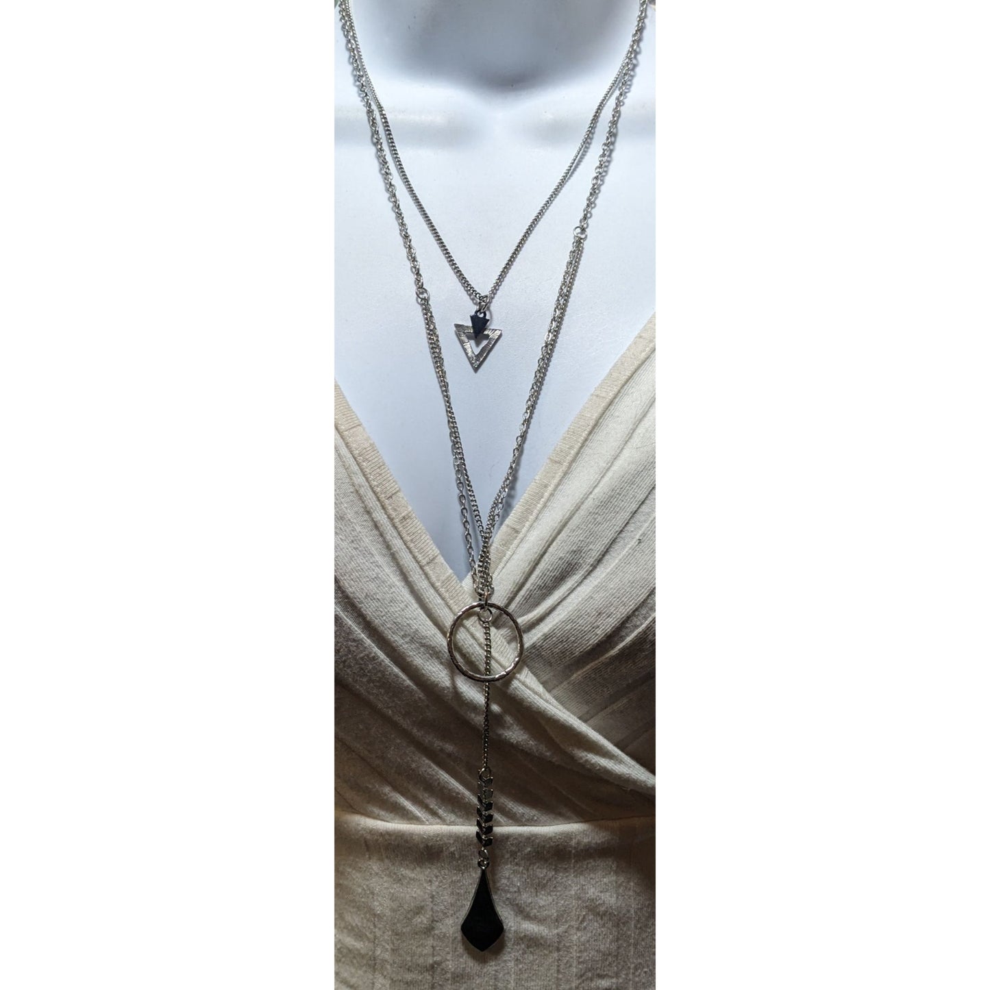 Multilayer Geometric Silver Tone Charm Necklace