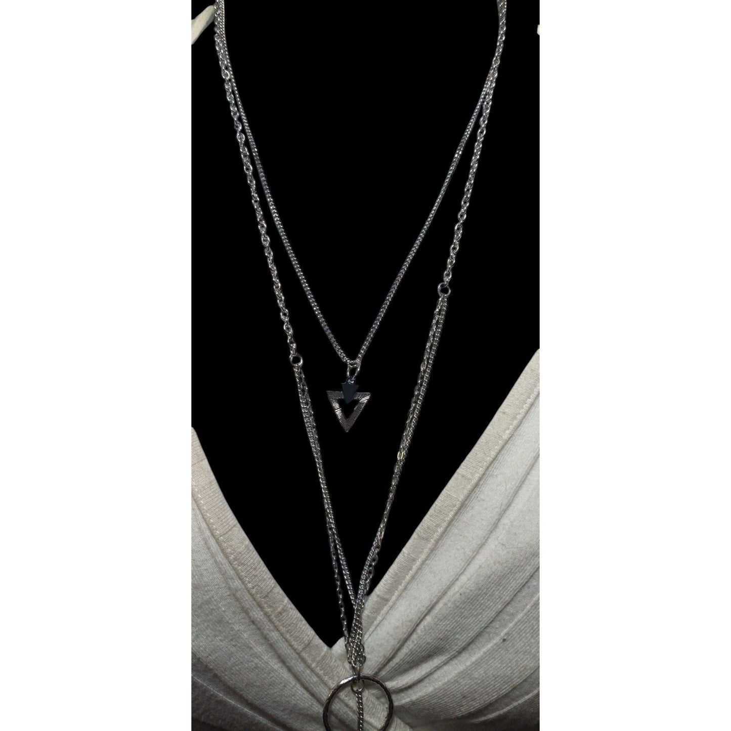 Multilayer Geometric Silver Tone Charm Necklace