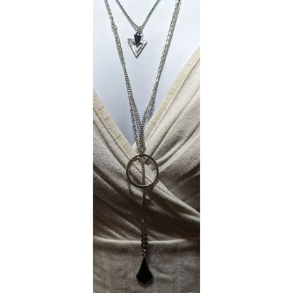 Multilayer Geometric Silver Tone Charm Necklace