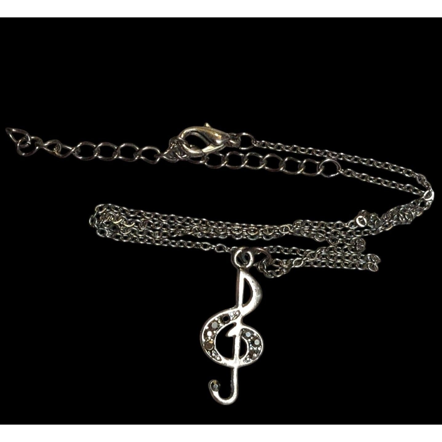 Silver Tone Treble Clef Music Rhinestone Pendant Necklace