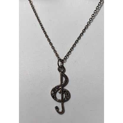 Silver Tone Treble Clef Music Rhinestone Pendant Necklace