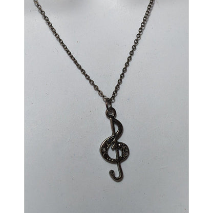 Silver Tone Treble Clef Music Rhinestone Pendant Necklace