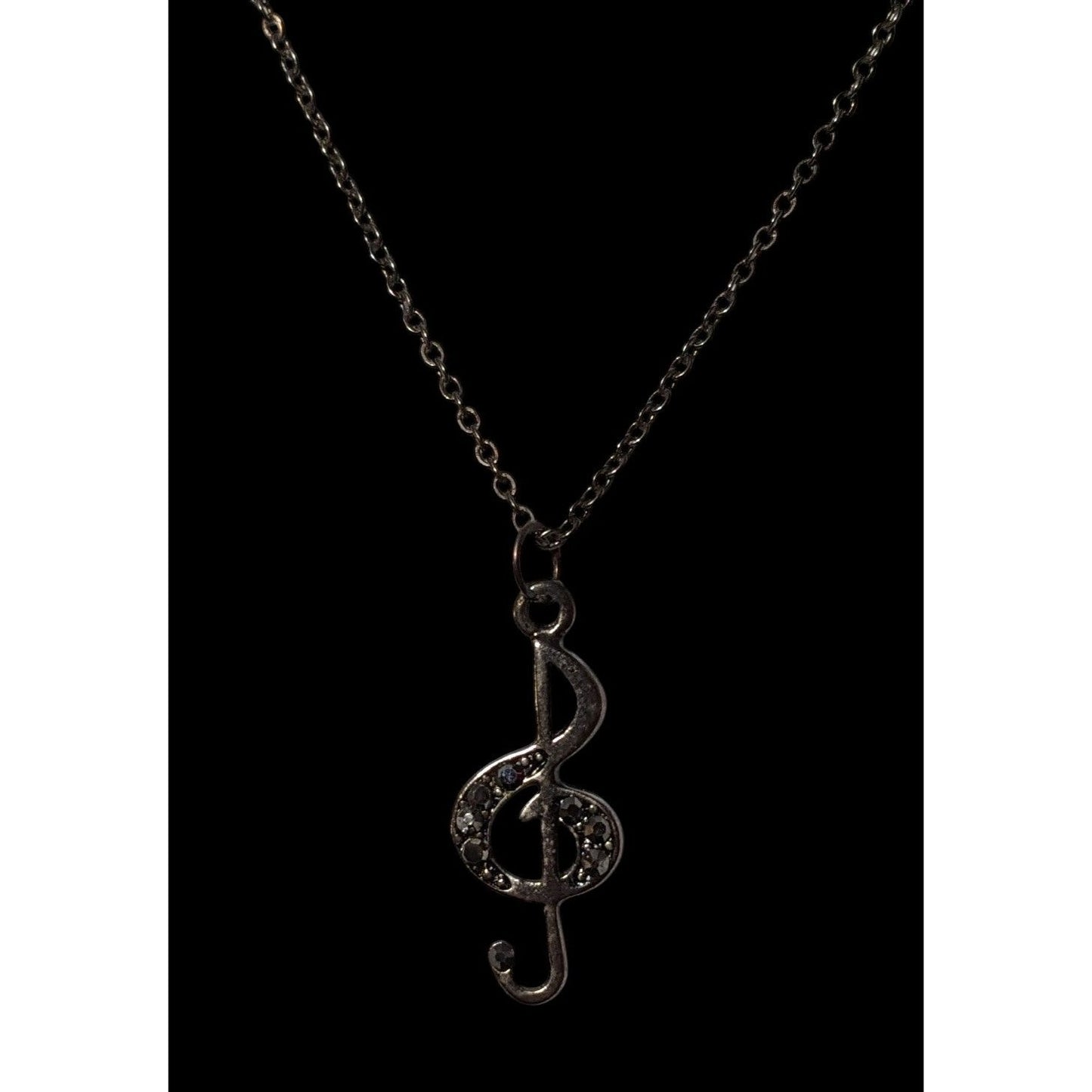 Silver Tone Treble Clef Music Rhinestone Pendant Necklace