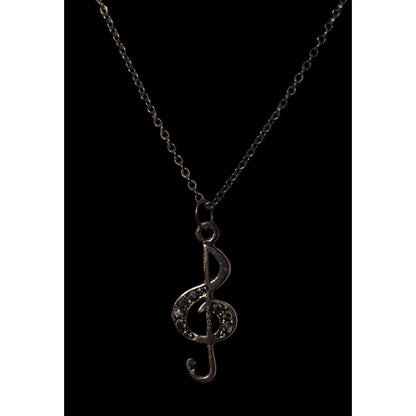 Silver Tone Treble Clef Music Rhinestone Pendant Necklace