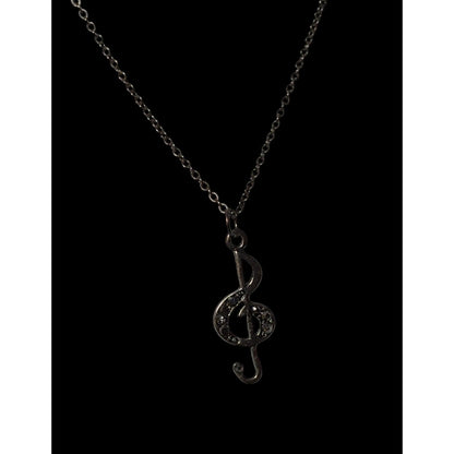 Silver Tone Treble Clef Music Rhinestone Pendant Necklace