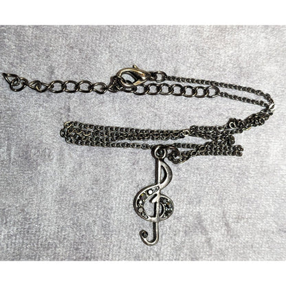 Silver Tone Treble Clef Music Rhinestone Pendant Necklace