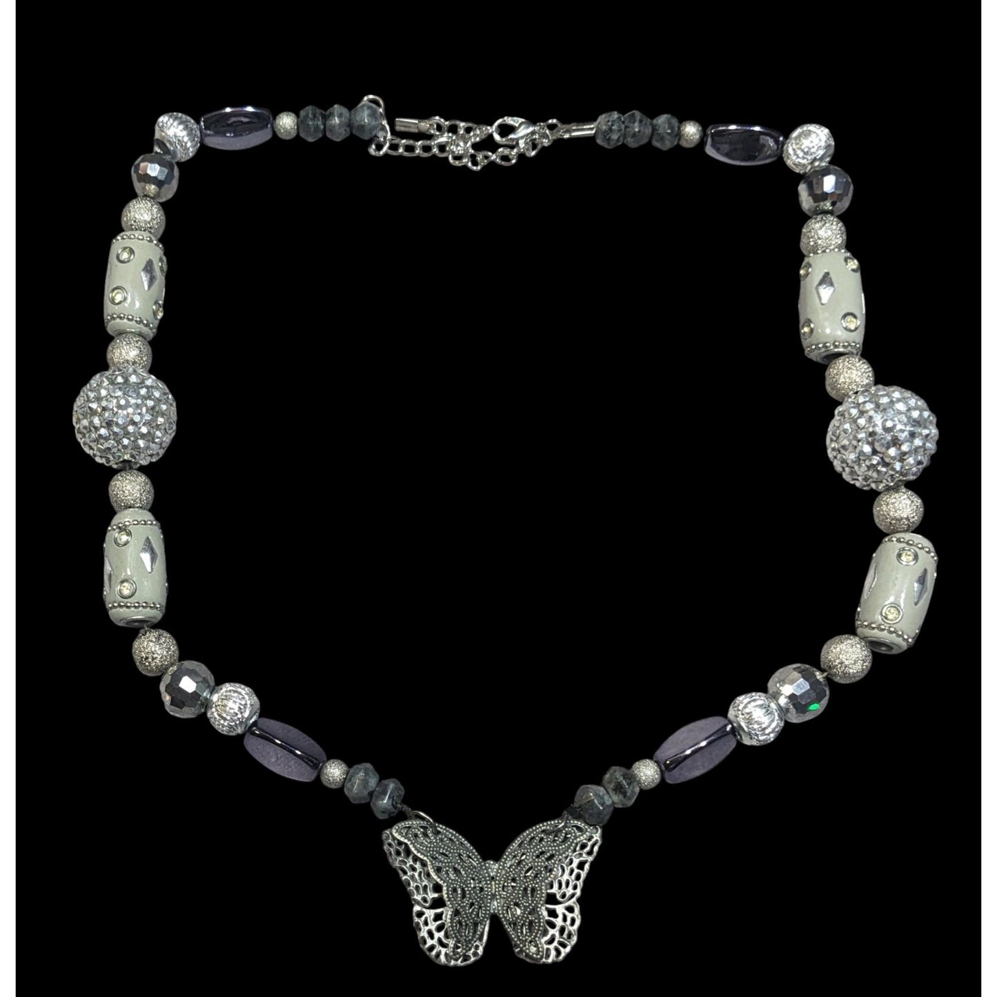 Handmade Fairycore Chunky Butterfly Silver Tone Beaded Necklace