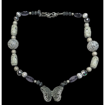 Handmade Fairycore Chunky Butterfly Silver Tone Beaded Necklace