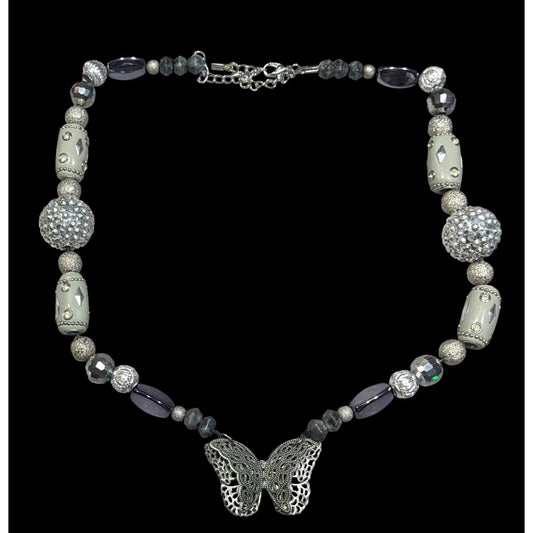 Handmade Fairycore Chunky Butterfly Silver Tone Beaded Necklace