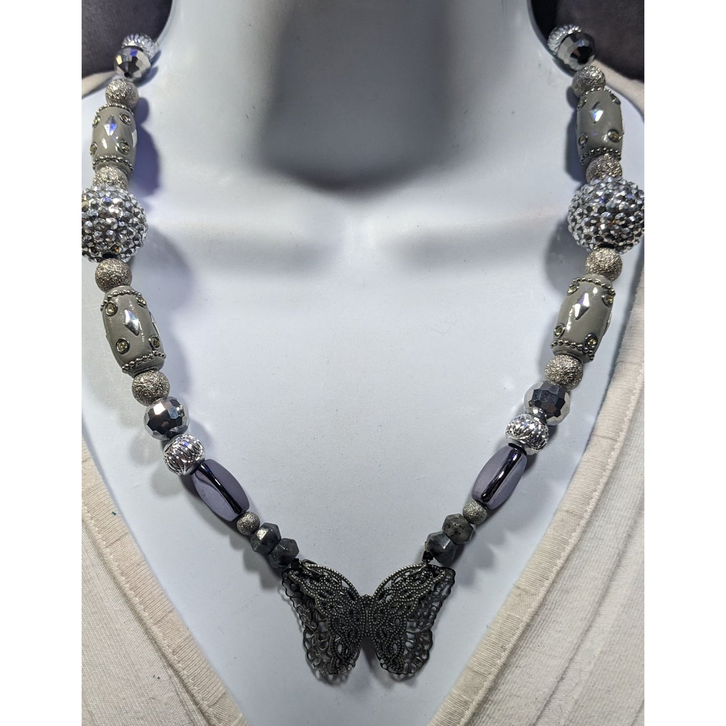Handmade Fairycore Chunky Butterfly Silver Tone Beaded Necklace
