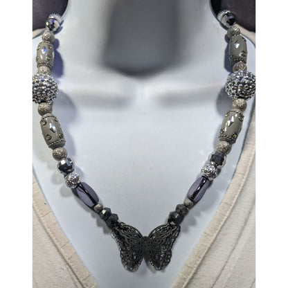 Handmade Fairycore Chunky Butterfly Silver Tone Beaded Necklace