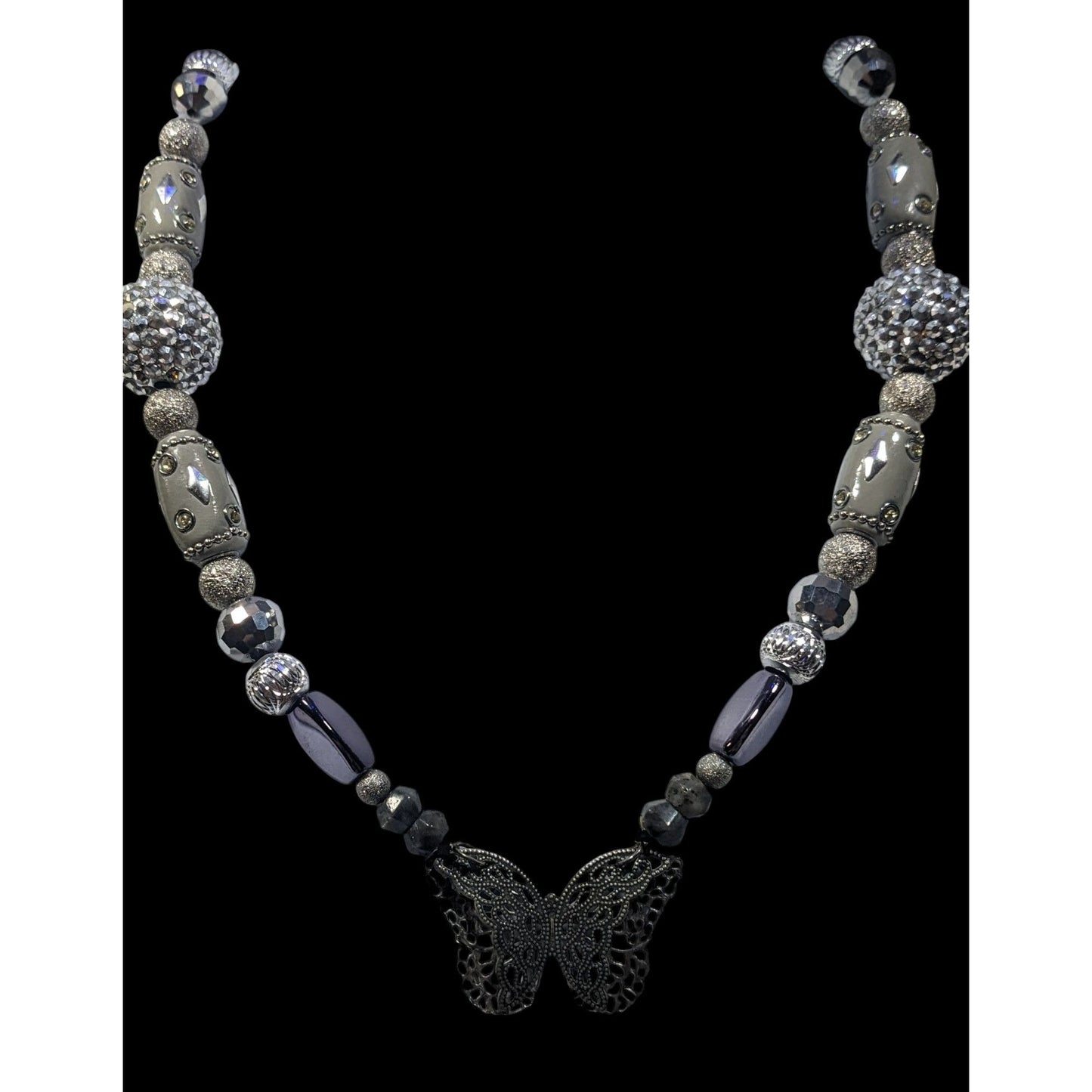 Handmade Fairycore Chunky Butterfly Silver Tone Beaded Necklace