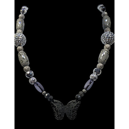 Handmade Fairycore Chunky Butterfly Silver Tone Beaded Necklace