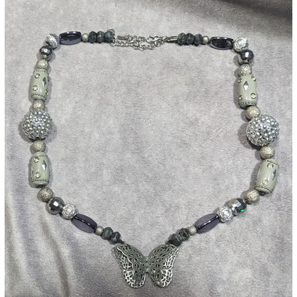 Handmade Fairycore Chunky Butterfly Silver Tone Beaded Necklace