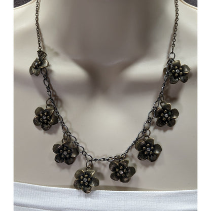Boho Glam Flower Charm Necklace With Antique Gold Finish