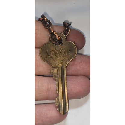 Vintage Liberty Key Pendant Necklace Copper Chain Skeleton Key Statement Jewelry