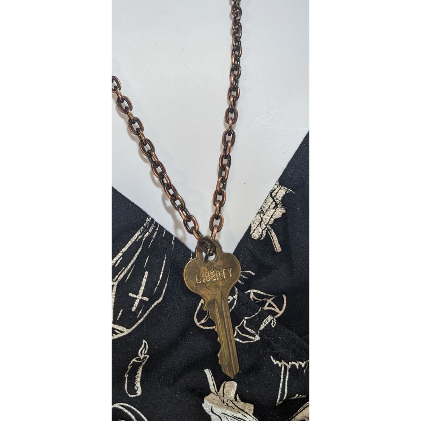 Vintage Liberty Key Pendant Necklace Copper Chain Skeleton Key Statement Jewelry