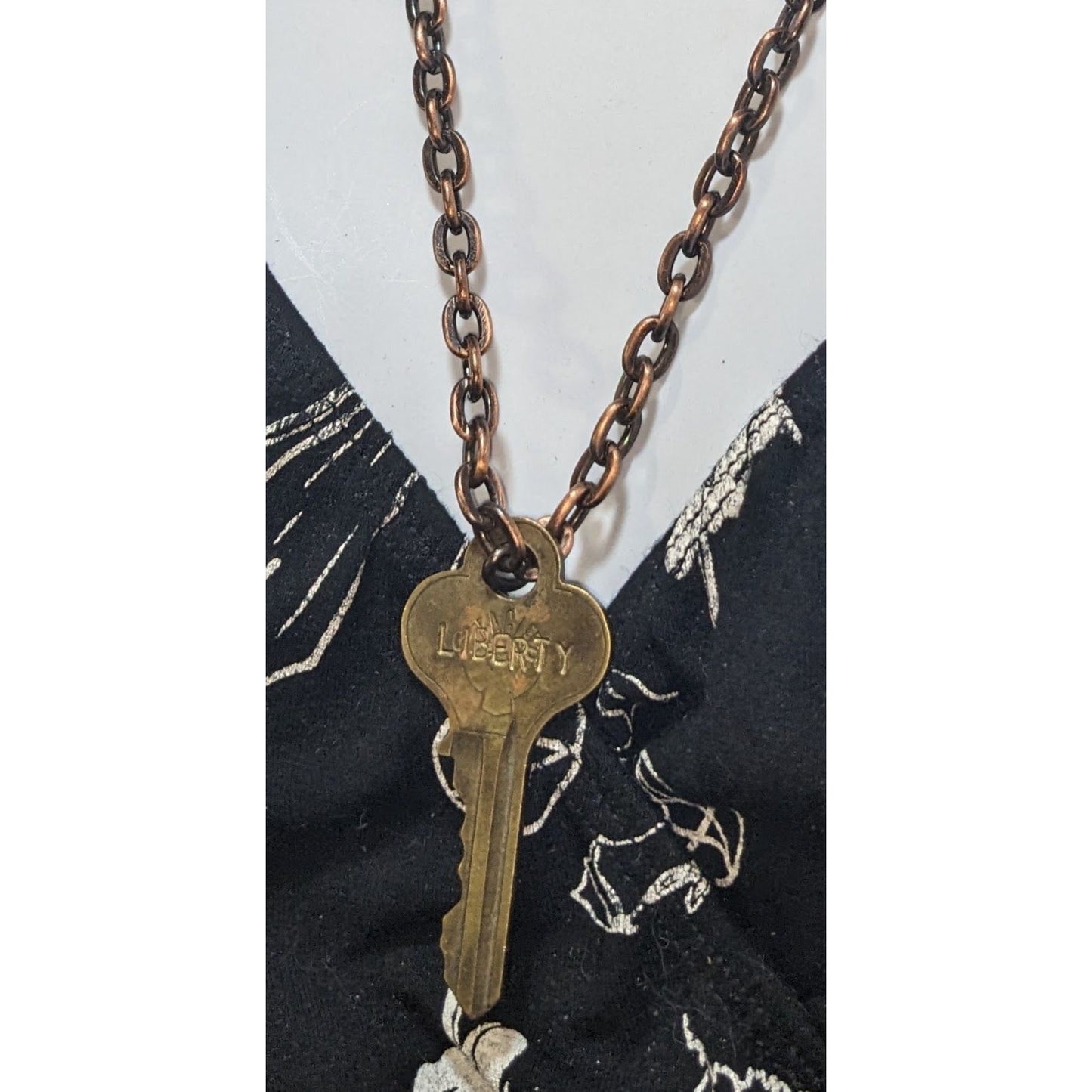 Vintage Liberty Key Pendant Necklace Copper Chain Skeleton Key Statement Jewelry