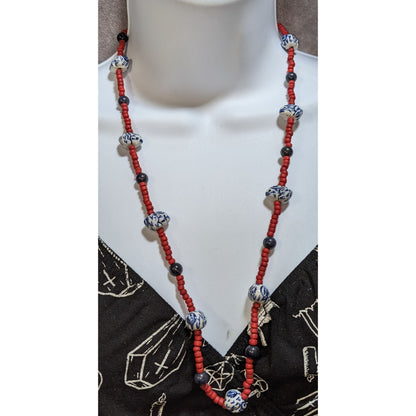 Vintage Glass Beaded Necklace Hand Painted Porcelain Bunny Beads Red Blue White