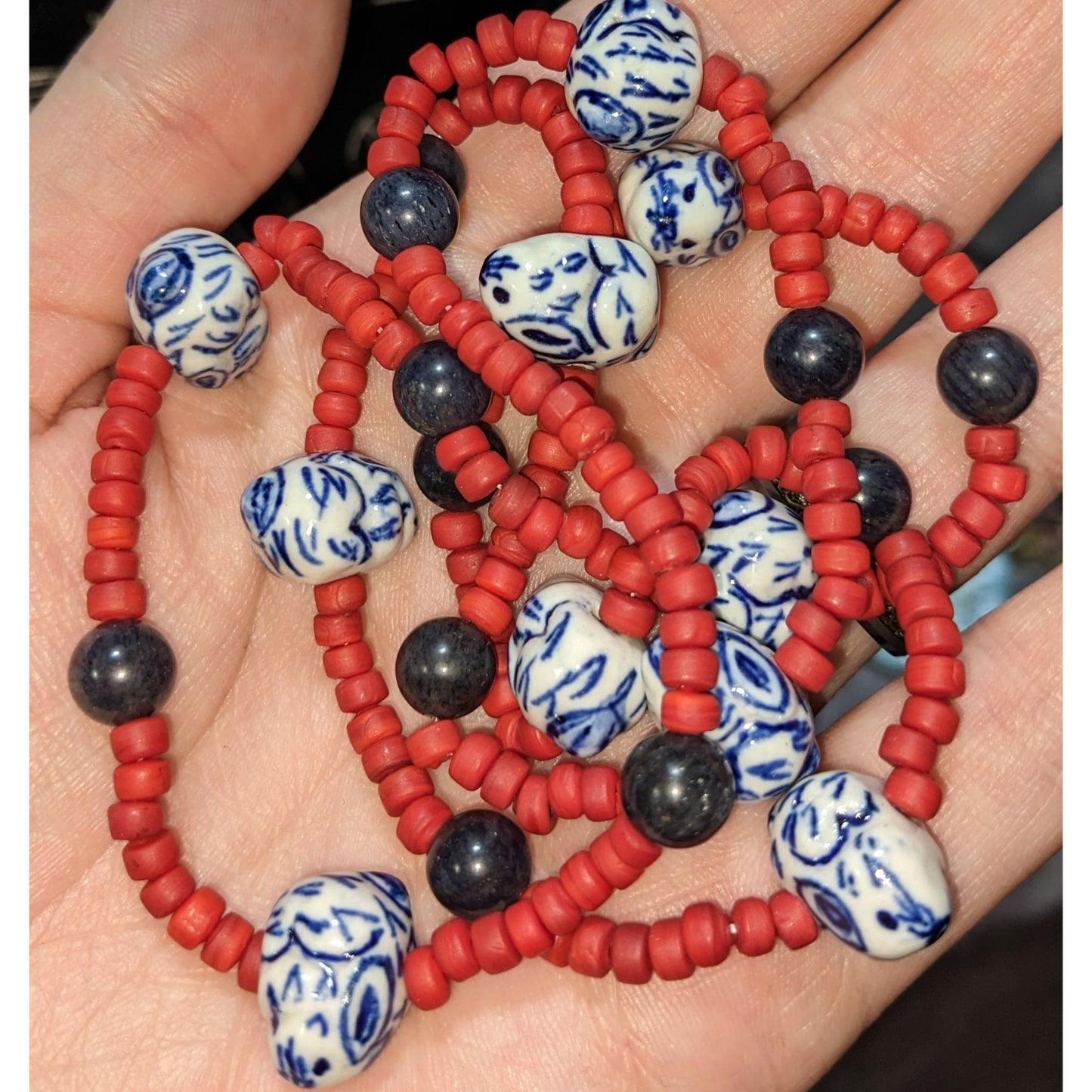 Vintage Glass Beaded Necklace Hand Painted Porcelain Bunny Beads Red Blue White