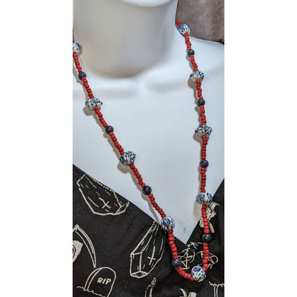 Vintage Glass Beaded Necklace Hand Painted Porcelain Bunny Beads Red Blue White