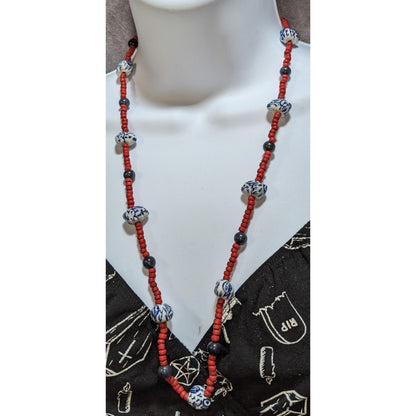 Vintage Glass Beaded Necklace Hand Painted Porcelain Bunny Beads Red Blue White
